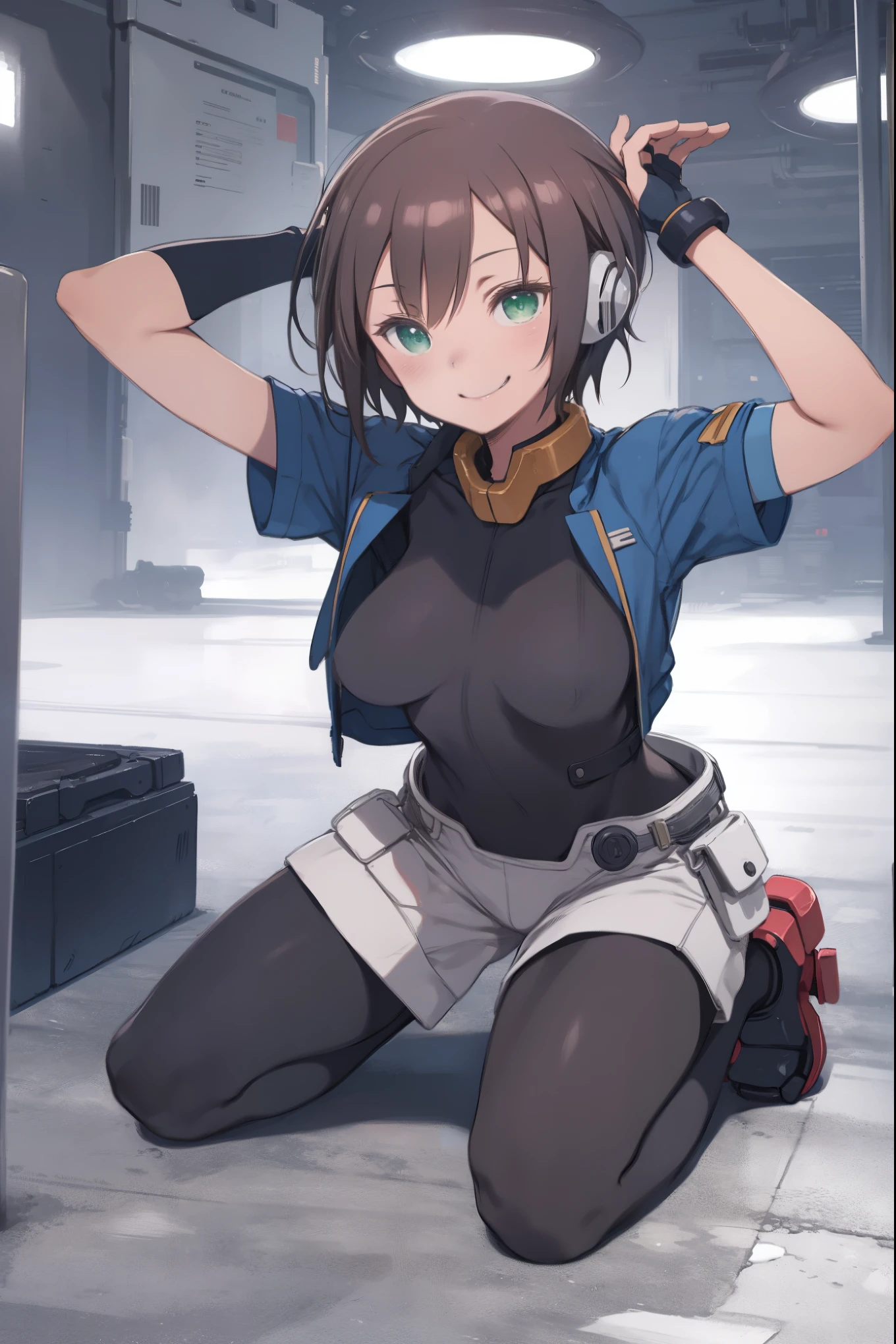 aile_megamanzx, kneeling with one hand on the ground and the other arm raised, 1girl, solo, short hair, brown hair, short sleeves, (bodysuit), robot ears, green eyes, very_short_shorts, short sleeves, short over long sleeves, smile, in futuristic city, , high quality, medium_breasts,crotch, slouch,groin,solo