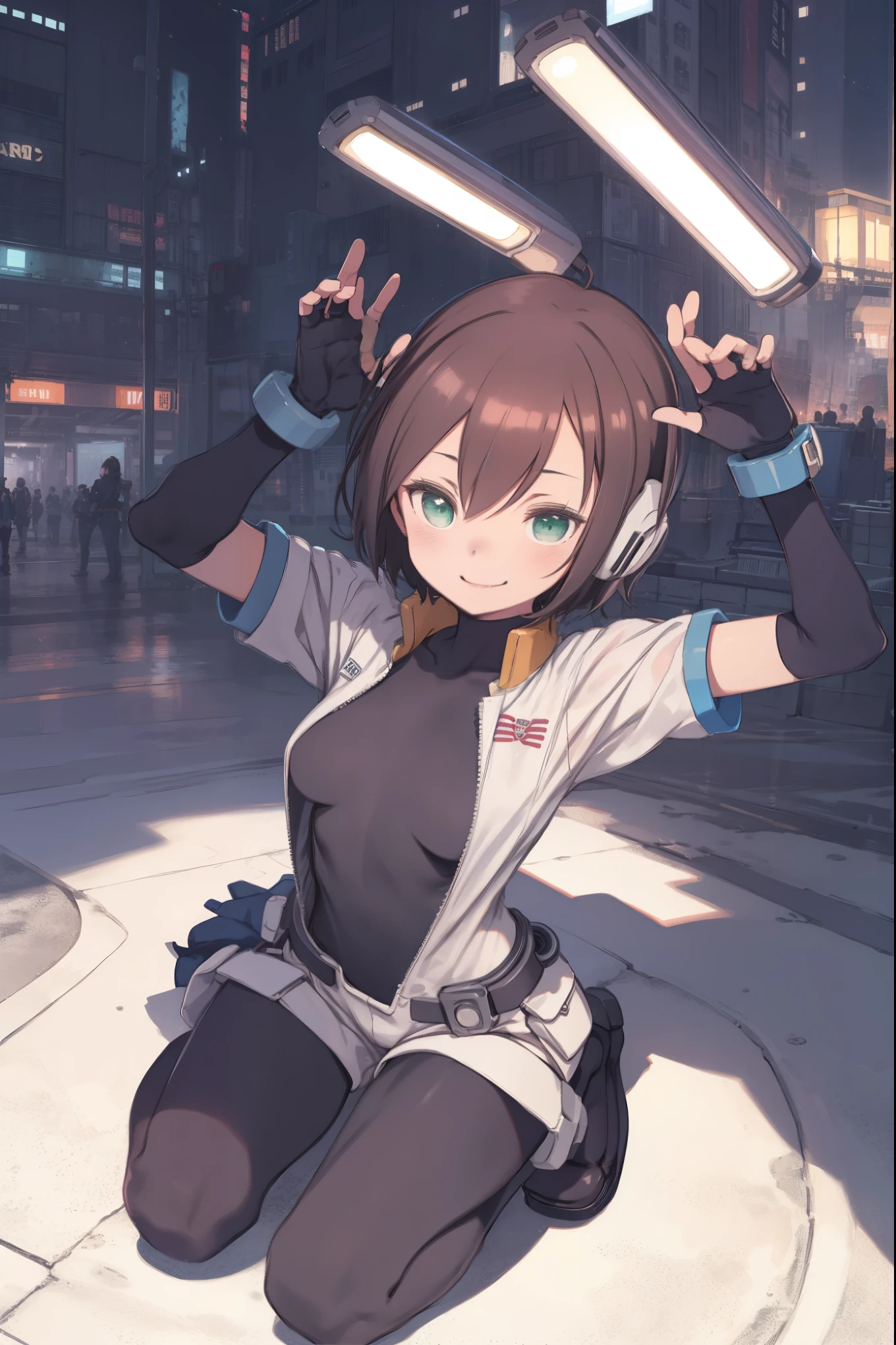 aile_megamanzx, kneeling with one hand on the ground and the other arm raised, 1girl, solo, short hair, brown hair, short sleeves, (bodysuit), robot ears, green eyes, very_short_shorts, short sleeves, short over long sleeves, smile, in futuristic city, , high quality, medium_breasts,crotch, slouch,groin,solo