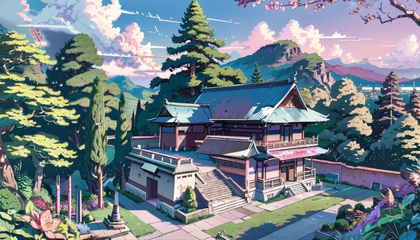 ((anime:1.4,illustration)),(masterpiece, top quality, best quality),(ultra-detailed, absolutely resolution),((16k, high res)). BREAK {lofi art, style of Laurie Greasley, style of Makoto Shinkai, anime aesthetic}, BREAK {big garden, in middle a hindu temple, tree on its left and right, blue cloudy sky}