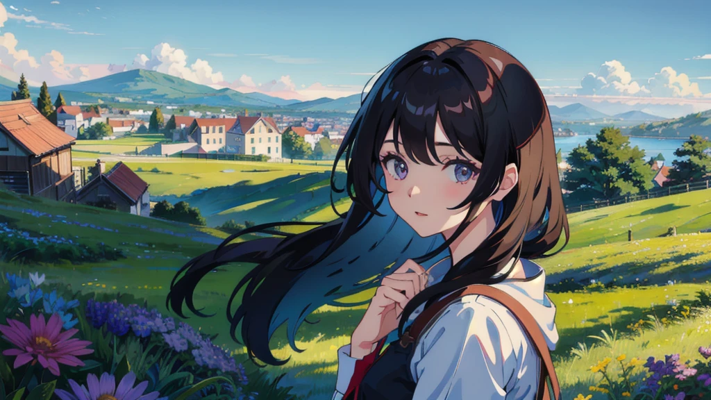 masterpiece,Highest quality,One Girl,The hair color is brown, Eye color: black, Kind eyes,Gradient Hair,countryside,Cityscape,sunlight,Flowers and plants,blue sky,scenery,afternoon,Light Perception,Soft sunlight,