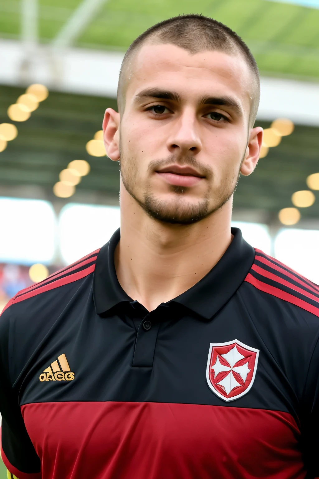 Albanian soccer defender, 26 years old, light brown hair, tanned skin, buzzcut, trimmed short beard, black jersey, squints, looking into the camera