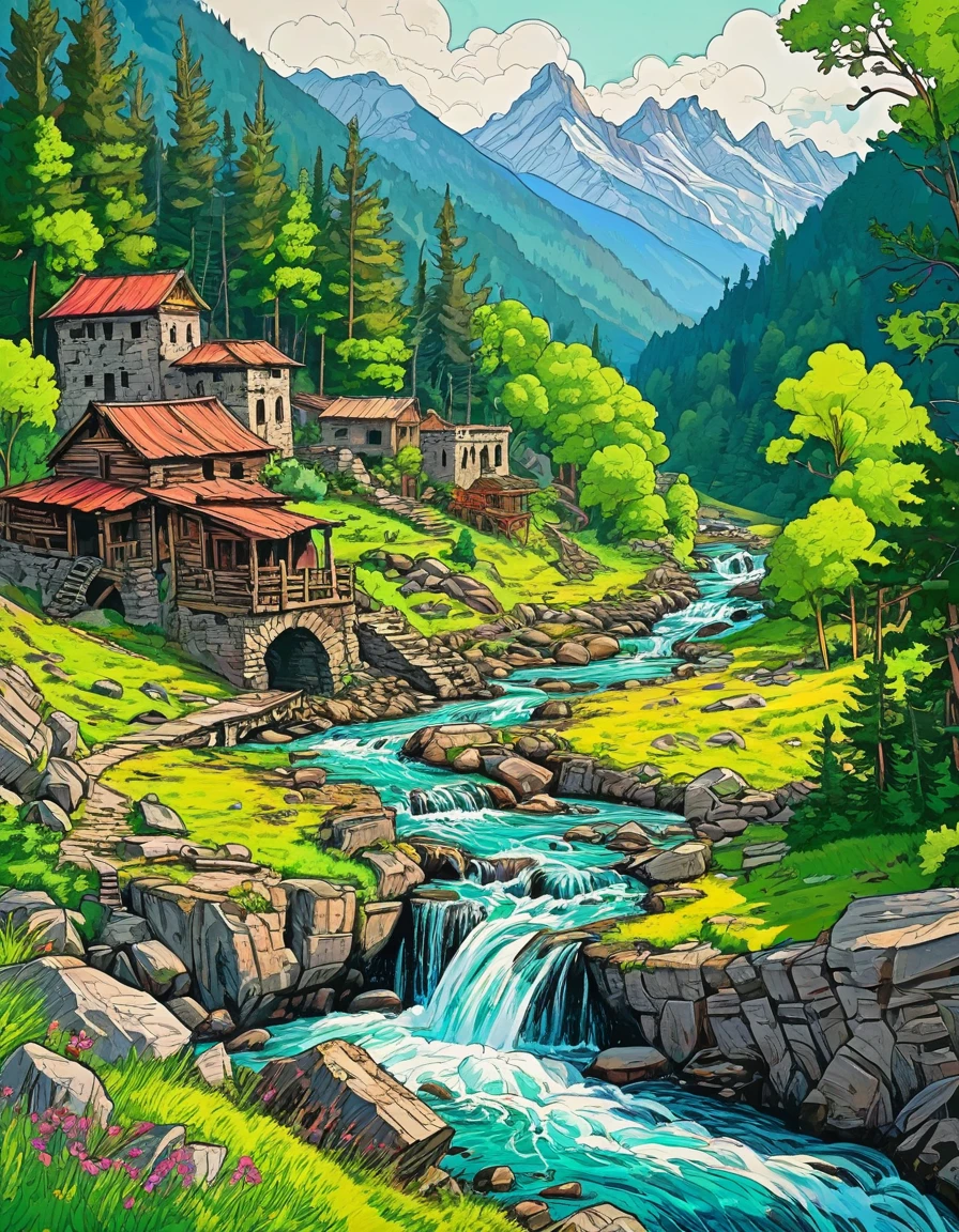 masterpiece, western novel style, sharp, no humans,no house, perfect landscape, mountains, green trees, stream, ruins, vibrant, colorful, hand drawn art