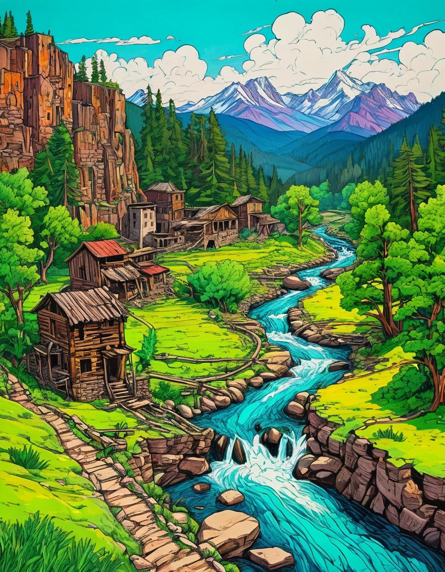 masterpiece, western novel style, sharp, no humans,no house, perfect landscape, mountains, green trees, stream, ruins, vibrant, colorful, hand drawn art