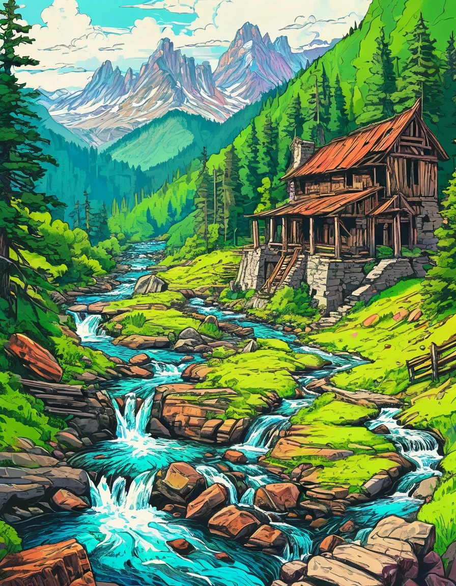 masterpiece, western novel style, sharp, no humans,no house, perfect landscape, mountains, green trees, stream, ruins, vibrant, colorful, hand drawn art