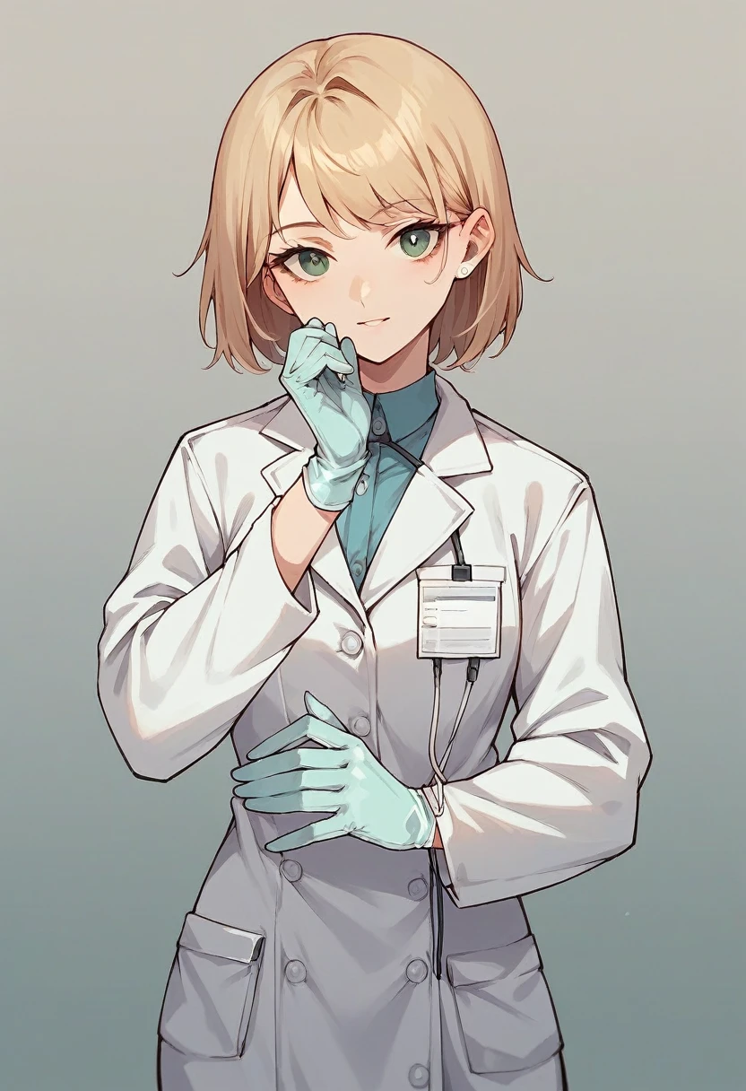 1girl, ((white surgical gloves)), ((surgical gloves)), ((latex gloves)), ((((long sleeves)))), ((white surgeon outfit)), looking at viewer, ((white doctor outfit)), standing, solo