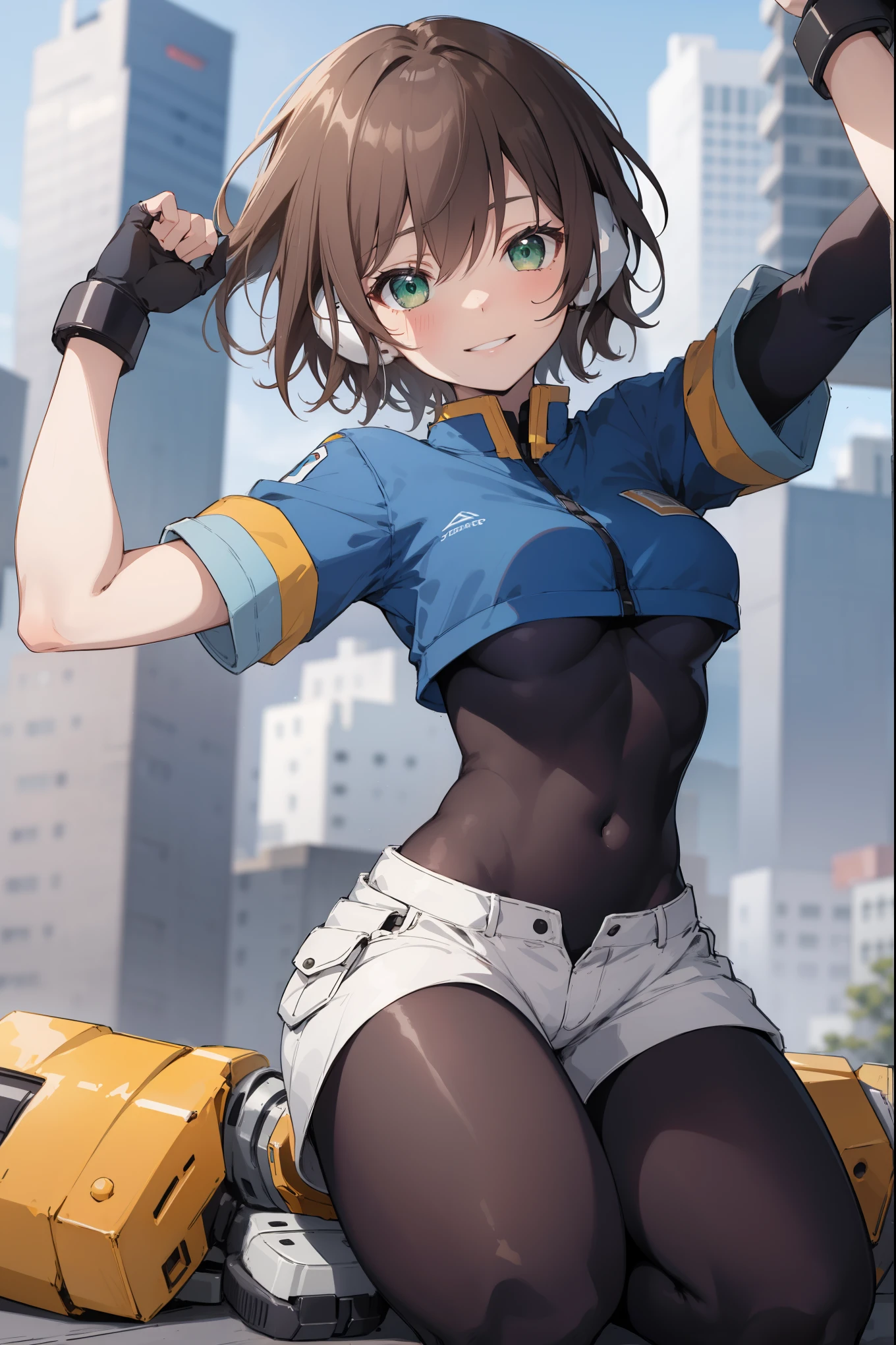 aile_megamanzx, kneeling with one hand on the ground and the other arm raised, 1girl, solo, short hair, brown hair, short sleeves, (bodysuit), robot ears, green eyes, very_short_shorts, short sleeves, short over long sleeves, smile, in futuristic city, , high quality, medium_breasts,crotch, slouch,groin