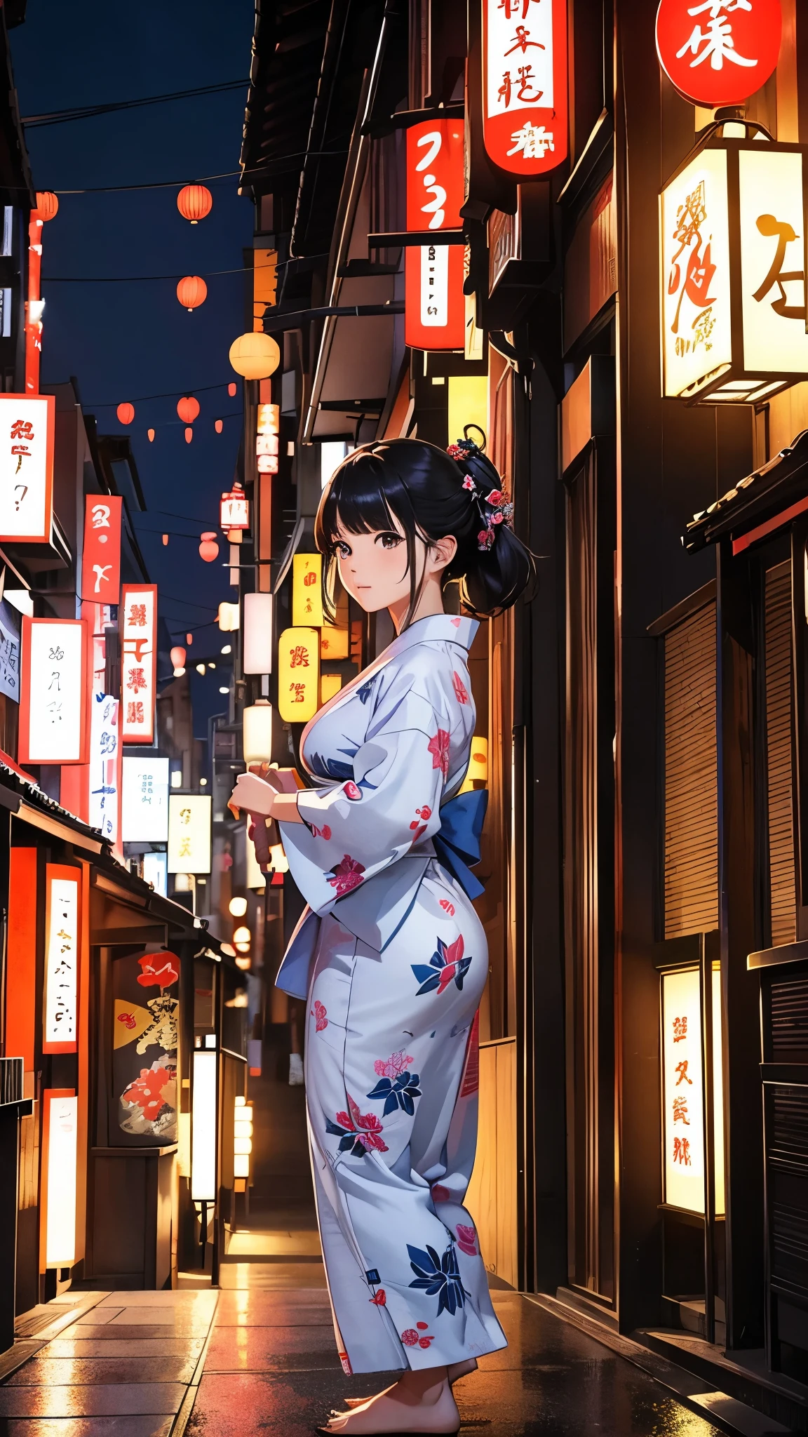 (masterpiece, Highest quality:1.1), (Popart Style),Flat Color,One Woman、yukata,Japan,Osaka、Tsutenkaku Tower、 Beautiful and detailed scenery, Beautiful lighting,very happy,Dynamic pose,Portrait Photography, sharp,An illustration:Don'unreadable,