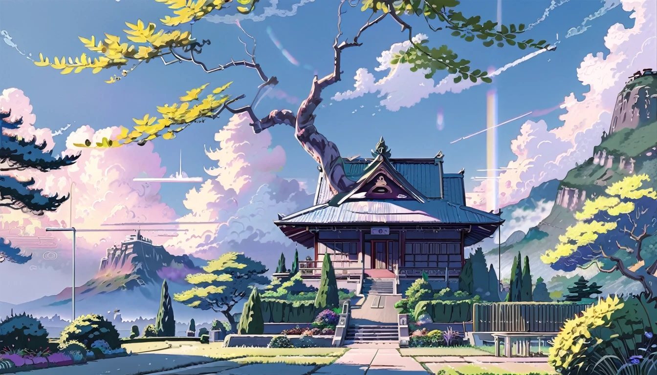 ((anime:1.4,illustration)),(masterpiece, top quality, best quality),(ultra-detailed, absolutely resolution),((16k, high res)). BREAK {lofi art, style of Laurie Greasley, style of Makoto Shinkai, anime aesthetic}, BREAK {big garden, in middle a hindu temple, tree on its left and right, blue cloudy sky}