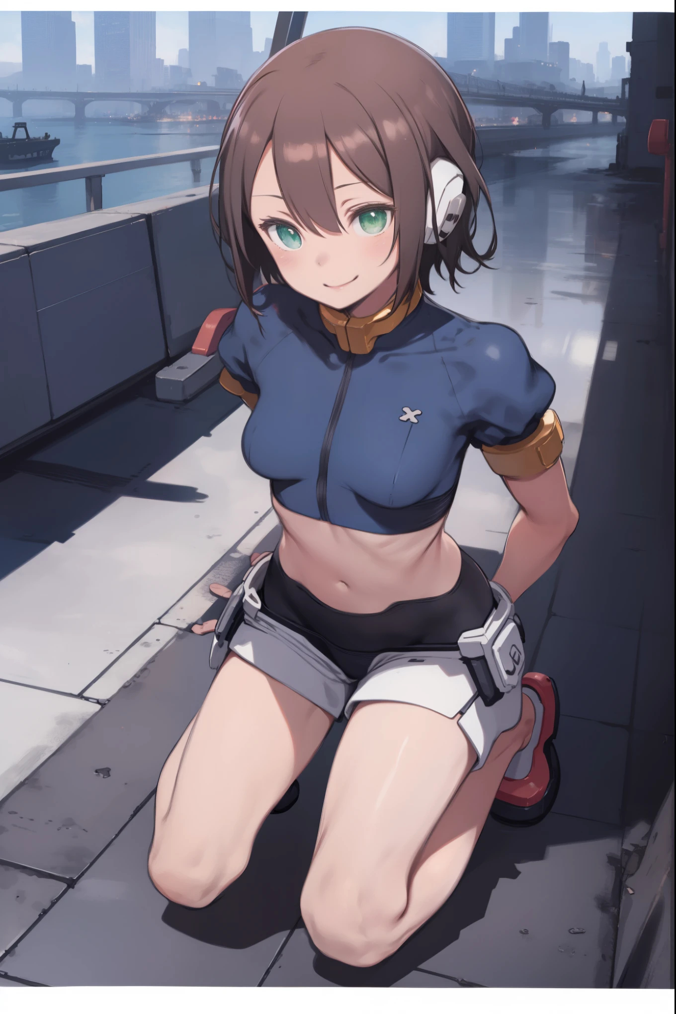 aile_megamanzx, kneeling with one hand on the ground and the other arm raised, 1girl, solo, short hair, brown hair, short sleeves, (bodysuit), robot ears, green eyes, very_short_shorts, short sleeves, short over long sleeves, smile, in futuristic city, , high quality, medium_breasts,crotch, slouch,groin,solo