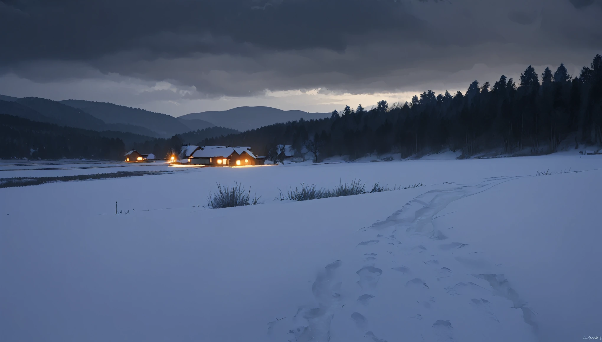night,Japanese countryside,cloudy,Snow Scene,Highest quality, 8k, High resolution, masterpiece:1.2, Very detailed, Realistic:1.37, High resolution, 超High resolution, Very detailed, Professional, Vibrant colors