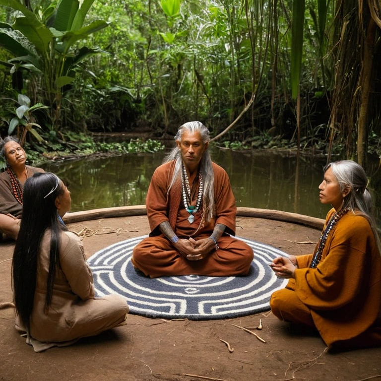 A group of participants sitting in a sacred circle, Ayahuasca Ceremony Preparation,original,Earrings, A penetrating eye that has understood the mysteries of the mind throughout his life., long, Silver hair flowing like a river down her back, Complement your earthy-toned robe with symbols of the natural world. His skin is intricately tattooed., Each one is a testament to a particular plant or hallucinogen he has mastered.. , male