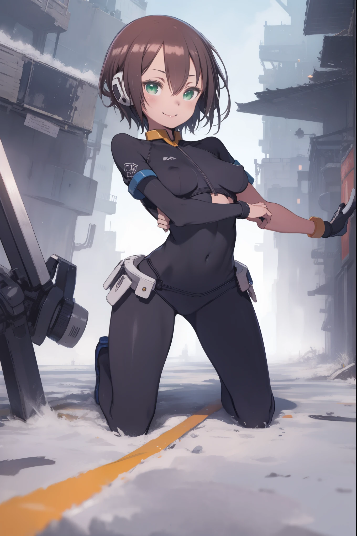 aile_megamanzx, kneeling with one hand on the ground and the other arm raised, 1girl, solo, short hair, brown hair, short sleeves, (bodysuit), robot ears, green eyes, very_short_shorts, short sleeves, short over long sleeves, smile, in futuristic city, , high quality, medium_breasts,crotch, slouch,groin,solo