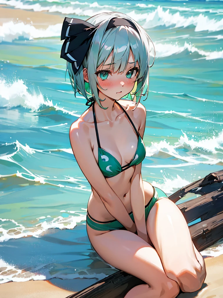 blush,Light green bikini,Konpaku Youmu,Sitting flat,Sandy Beach