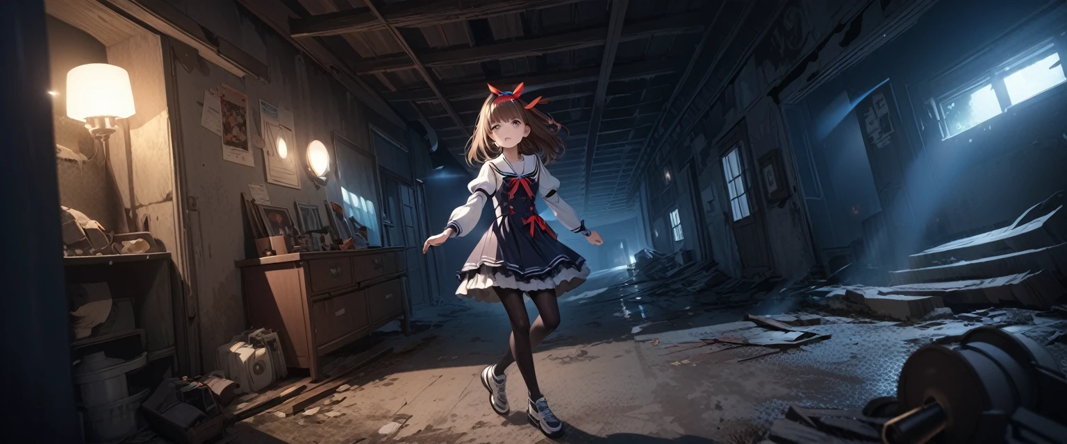 (Highest quality,4K,High resolution),Very detailed,Realistic, Japanese , Looks scared, Long brown hair,Mysterious, Ecomodernism, Bokeh, Ribbon Headband,Small ,futuristic sailor lolita Puff sleeves,e and blue,Colorful lighting, Red ribbon, Dark blue pantyhose,sports , Have a flashlight, Walking alone through a haunted abandoned house, At night, Low light, darks, Very detailed, 4K.