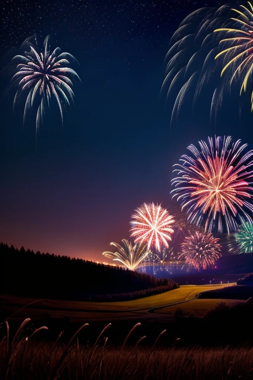 summer night　Fireworks in the dark　landscape