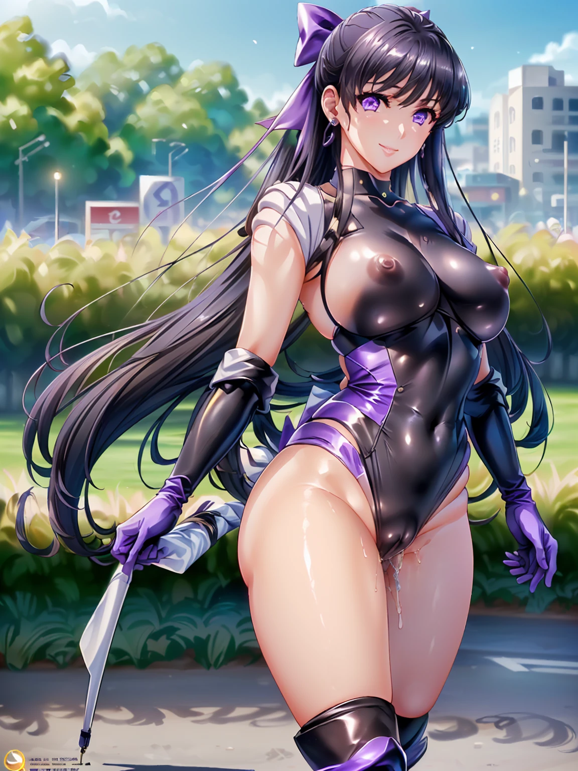 (masterpiece:1.2, Highest quality), (Realistic, photoRealistic:1.4), Beautiful illustrations, (Natural Side Lighting, Cinema Lighting), avert your eyes, (Cowboy Shot), 2 women, Grid Girls, 40 years old, (((Mature Woman))), (Beautiful anime faces), Japanese, Perfect Face, Perfect Anatomy, Symmetrical cute face, Glowing Skin, Blunt bangs, (Intense glowing purple eyes:1.3), Beautiful Hair, Beautiful Face, Beautiful clavicle, Beautiful body, Beautiful breasts, Beautiful thighs, Beautiful feet, Beautiful fingers, (Perfect Face, Perfect Anatomy), (Two legs, Five Fingers), ((Grid Girls, Racing Suits, Race Queen Costume:1.3. Purple and black high leg suit with sponsor logo:1.3, Shiny arm covers:1.3, Shiny knee-high boots:1.3)), (Beautiful views), Written boundary depth,((Tall Woman), (Slim figure), (small breasts directed upwards)), ((Wicked Smile, Obscene pose, Love juice flowing from the crotch, Suggested to spread legs and forced orgasm, Erect nipples, Erect clitoris)),