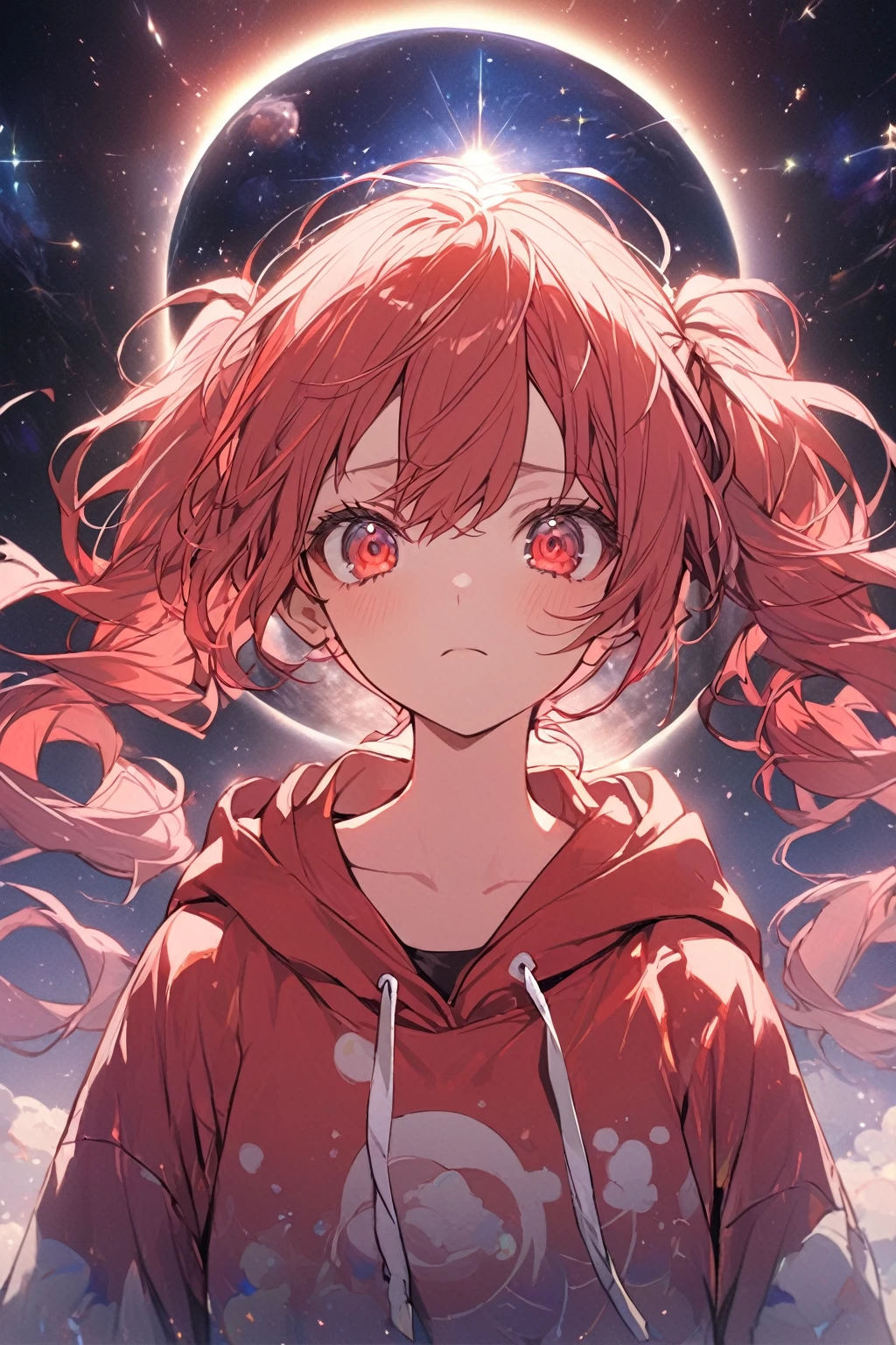 1 girl, red eyes, light red hair with white strands on top, two small short pigtails, dressed in a light red hoodie with light spots, looks at the viewer, frowning, upper body, against the background of the cosmic sky, next to the sun, beautiful, detailed, delicate tones