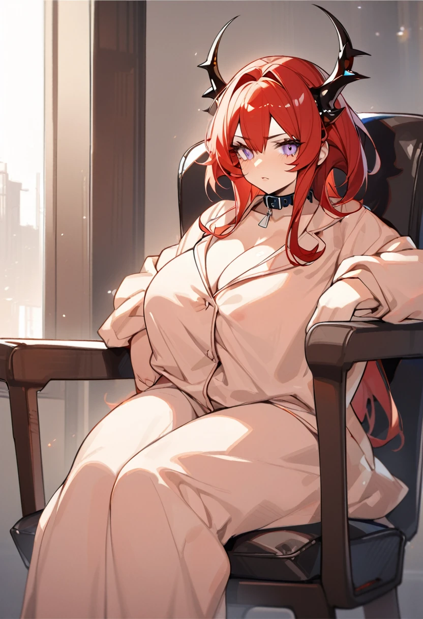 Surtr(Arknights),red hair,peach skin,curvy body, wears comfy pajamas, sitting on a chair,has a pet collar on her neck,nsfw