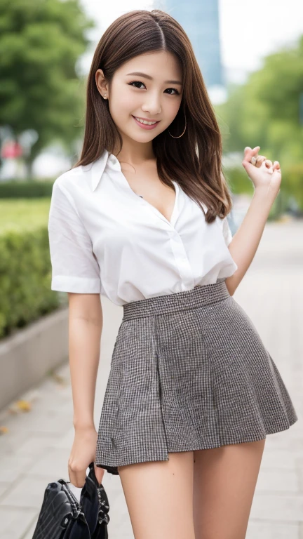 (((masterpiece, high quality, 最high quality, beautiful, High resolution, Perfect lighting, Detailed face, Detailed body, In detail、A body with the correct skeletal structure))), Large parks、Natural light、Japanese women、Long Straight Hair、細部へのbeautiful配慮, cute、smile、White shirt、Cleavage:1.5、Above knee-length skirt、(Wear a checked flared skirt)、(Hold up your skirt with both hands:1.5)、wear sexy panties(Show me some panties)、Embarrassed face、Front Angle、Shot from above the knees、Looking into the camera