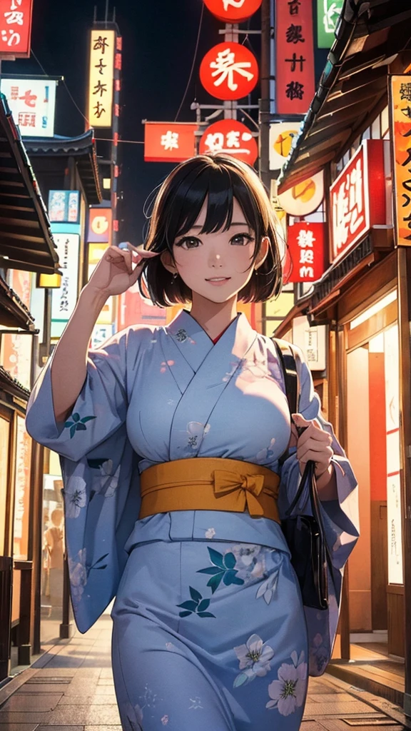 (masterpiece, Highest quality:1.1), (Popart Style),Flat Color,One Woman、yukata,Japan,Osaka、Tsutenkaku Tower、 Beautiful and detailed scenery, Beautiful lighting,very happy,Dynamic pose,Portrait Photography, sharp,An illustration:Don'unreadable,
