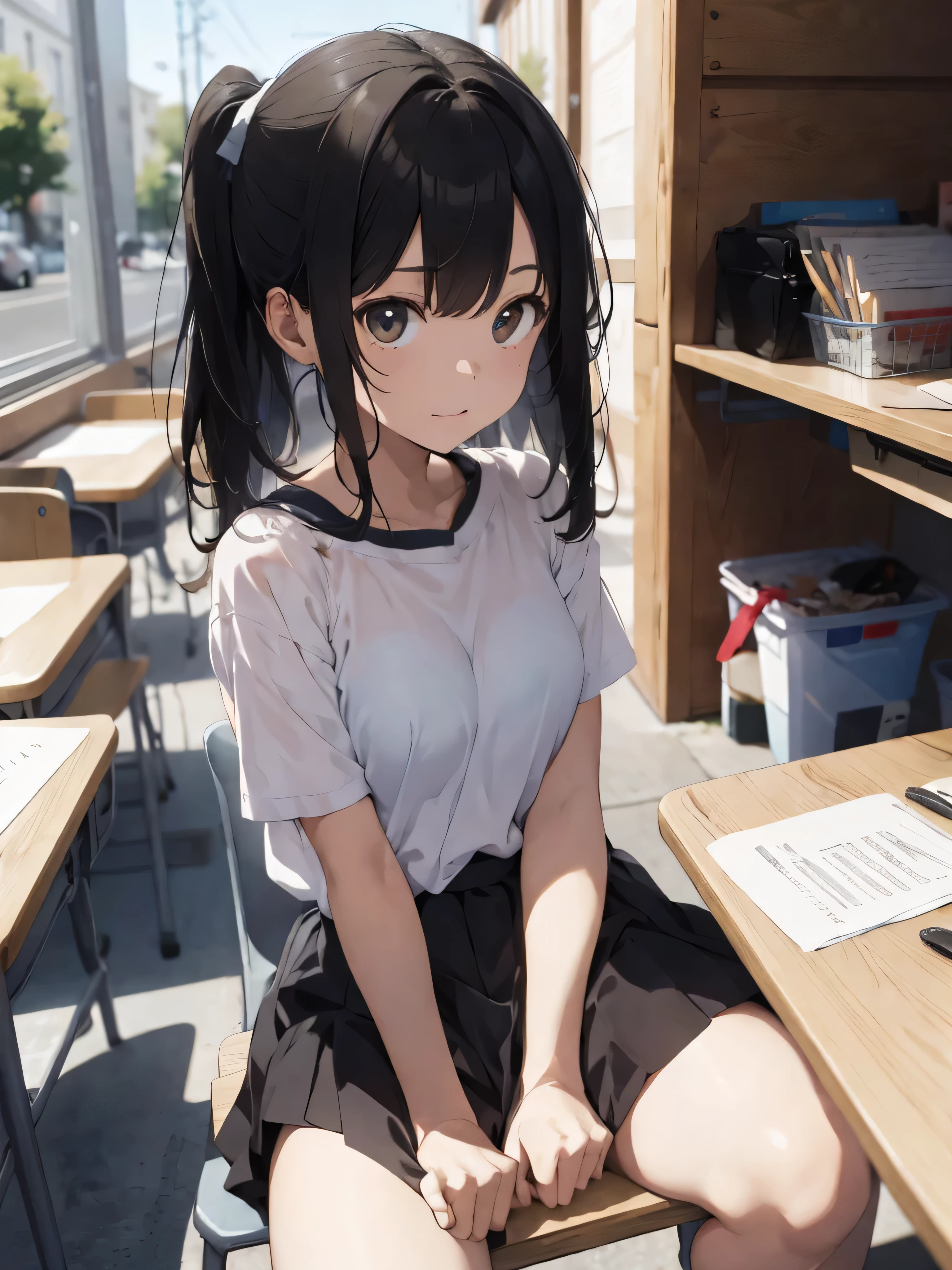 It feels like we are all doing our summer homework, There are multiple men and women, Learning at a desk, shirt tug
