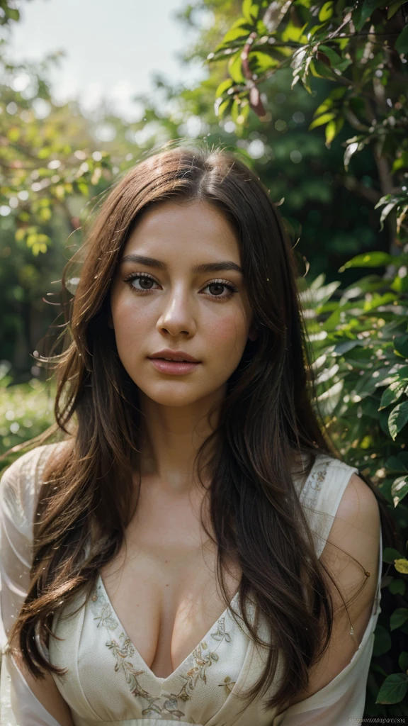 A beautiful young woman in a lush garden, (best quality,4k,8k,highres,masterpiece:1.2),ultra-detailed,(realistic,photorealistic,photo-realistic:1.37),extremely detailed face and eyes,beautiful long hair,elegant floral dress,serene expression,beautiful detailed eyes,beautiful detailed lips,longeyelashes,detailed skin texture,natural lighting,intricate floral background,vibrant colors,impressionistic style,cinematic lighting