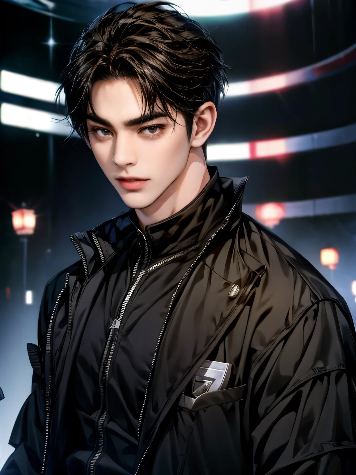Japanese a young handsome man with dark hair wearing a black business suit,
