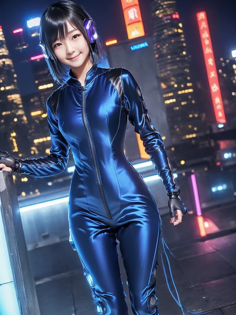 (​masterpiece,top-quality,超A high resolution),A Japanese Lady, (((Very beautiful 12 year old girl))), Kawaii Girl、View photographer､Front view,  ((Shorthair)), hyper cute face, Glossy lips, Double eyelids in both eyes,Smiling smile、 Natural makeup, long eyelashes, Glossy and smooth hair quality､central image,  Perfect limbs, Perfect Anatomy,(((Dark blue sexy silk cyberpunk suit)))、((1 Mechanical Girl))(((wet the whole body with water)))(((Suit々torn)))