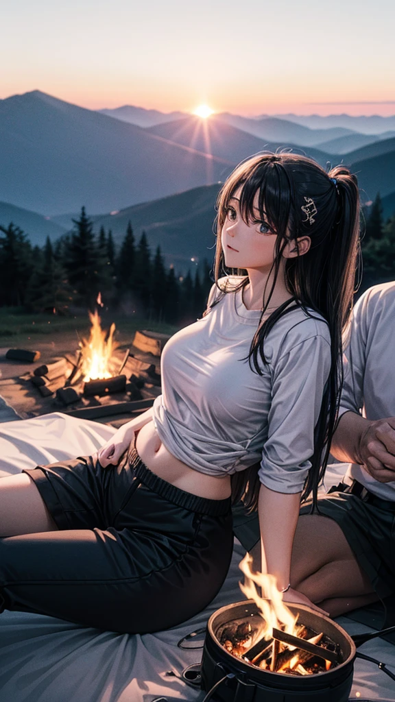 A couple is camping on top of the mountain. The couple is wearing short clothes and the girl has big hips. It is evening and the fire is burning.