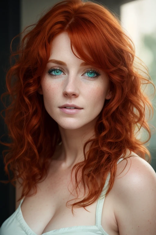 professional photography, beautifu Redheaded woman: American 31-years old, [blue_eyes:10], [green_shirt:5], messy hair, oil painting, soft skin, perfect face, quality details, realistic, uhd, epic lighting, cinematic film still, 8k, soft lighting