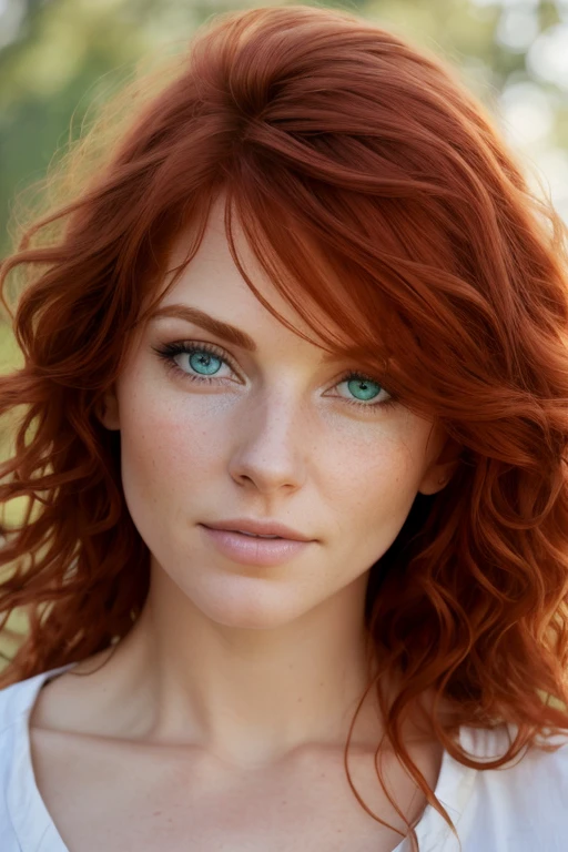 professional photography, beautifu Redheaded woman: American 31-years old, [blue_eyes:10], [green_shirt:5], messy hair, oil painting, soft skin, perfect face, quality details, realistic, uhd, epic lighting, cinematic film still, 8k, soft lighting
