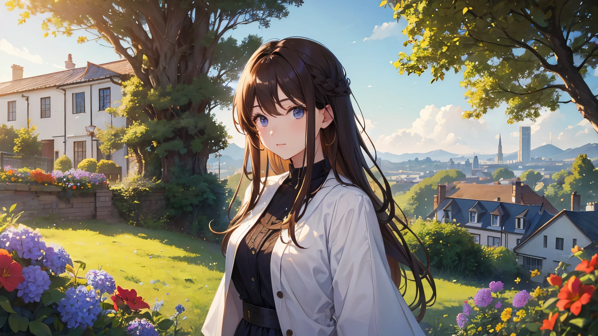 masterpiece,Highest quality,One girl,Hair color is brown,Kind eyes,Gradient Hair,countryside,Cityscape,sunlight,Flowers and plants,blue sky,scenery,afternoon,Light perception,Soft sunlight,