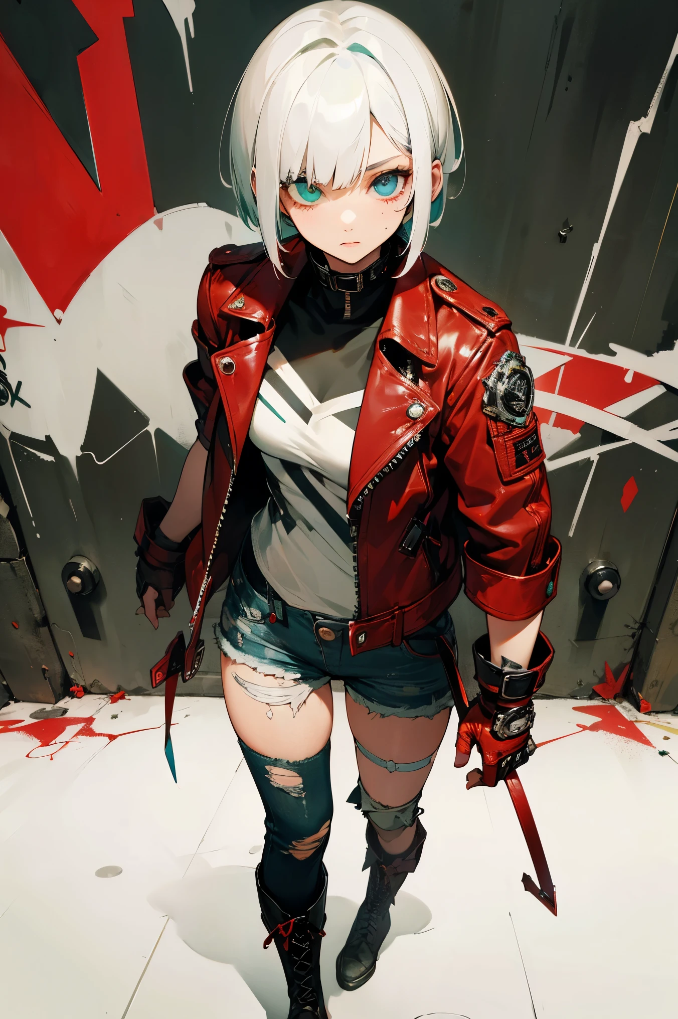 1female, white hair, heterochromia (one green eye, one blue eye), short bob hairstyle, fitted red leather jacket, ripped jeans, combat boots, urban graffiti background