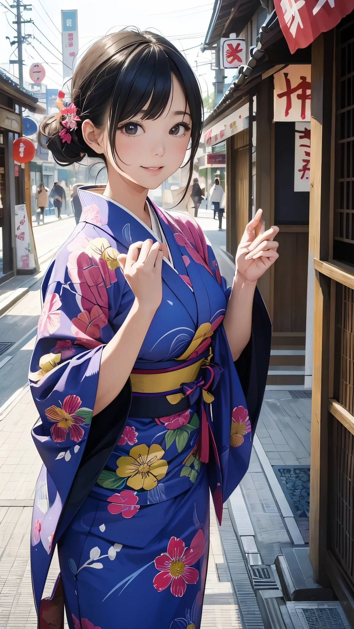 (masterpiece, Highest quality:1.1), (Popart Style),Flat Color,One Woman、yukata,Japan,Osaka、Tsutenkaku Tower、 Beautiful and detailed scenery, Beautiful lighting,very happy,Dynamic pose,Portrait Photography, sharp,An illustration：Don&#39;unreadable,