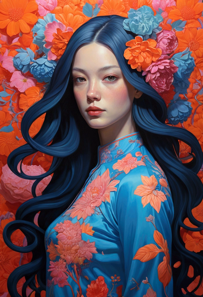 Painting of a woman with long hair and flowers, Ultra-fine detailed paintings inspired by James Jean, Reddit, neo-fauvism, James Jean and Petra Cortright, James Jean Mark, JamesJean」, James Jean Andrey Ryabovitchev, Kilian Eng: Vivid Colors, James Jean Soft Light 4K, Kilian Eng: Vivid Colors