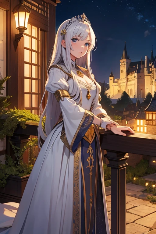 Medieval European princess on the terrace of a castle at night。
