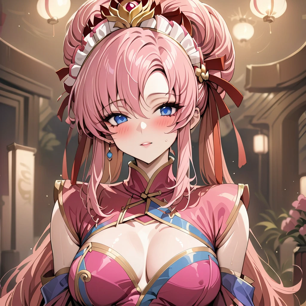((Highest quality)), ((masterpiece)), (detailed), (Perfect Face)、The woman with the appearance and hairstyle of an ancient Chinese empress is Lacus Clyne, with blue eyes, semi-long pink hair, a gorgeous ancient Chinese empress outfit, a gorgeous empress headdress, and her hair styled like an ancient Chinese empress.