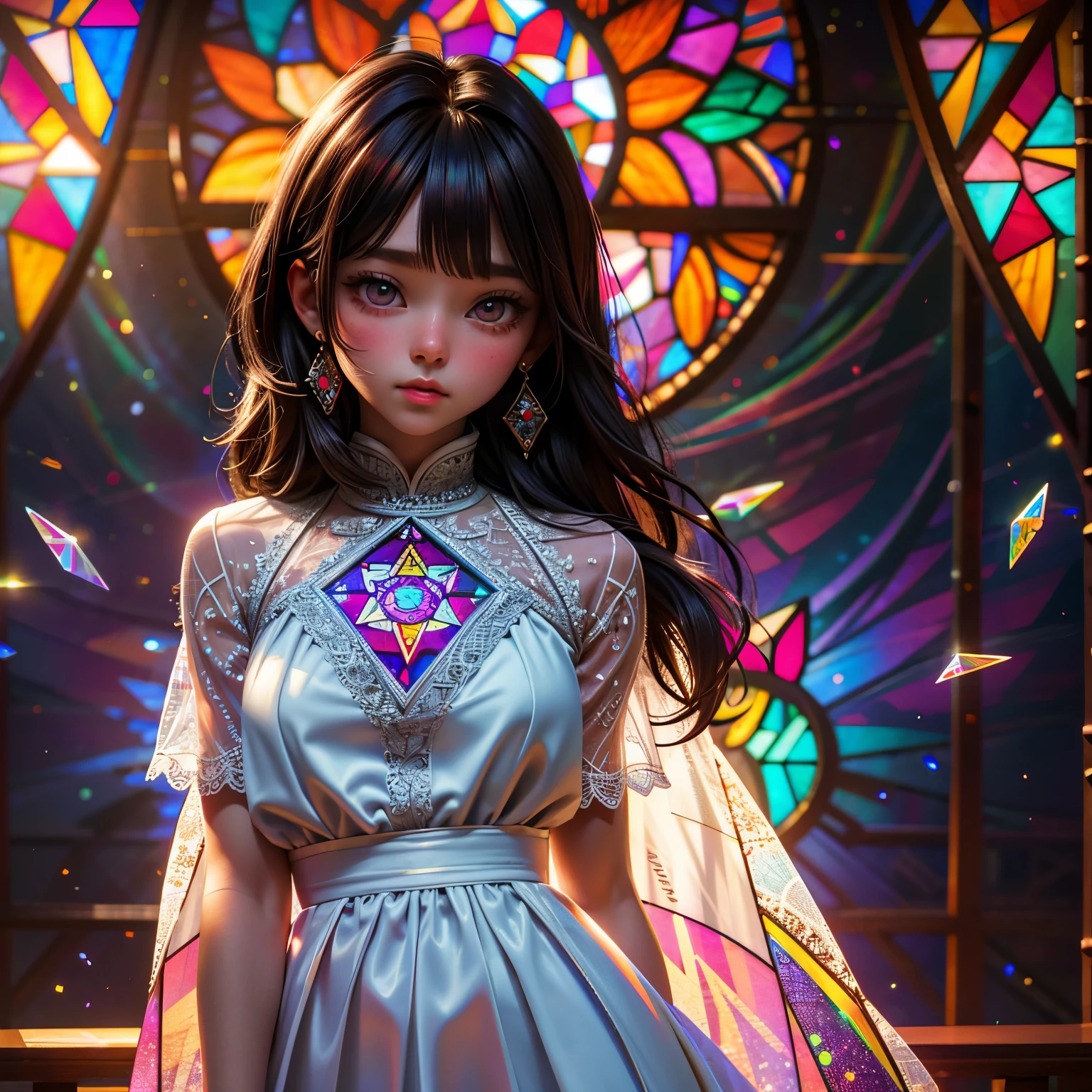 SFW, concept art, Tiny junior idol, (Detailed Delicate lace knitted white clothes), (nipple:-0.9), face closeup, (Elaborate stained glass Background:1.37), (((Renbutsu Misako), colorful Light shines through delicate stained glass:1.2, vivid red colors, Luminous Particles, light Particles))(Acutance:0.8). (ProfessionalPhoto:1.2),(ultra-detailed:1.37), (Extremely detailed KAWAII face variations, innocent expression variations), rosy cheeks, intricate detailed eyes with sparkling highlights, long eyelashes with volume, subtle blush on the face. Mystic sight, haze, Impeccable Radiant PearlSkin with Transparency, captivating gaze, ((Dynamic-angle)), whole Body proportions and all limbs are anatomically accurate . (Exposed:0.44)