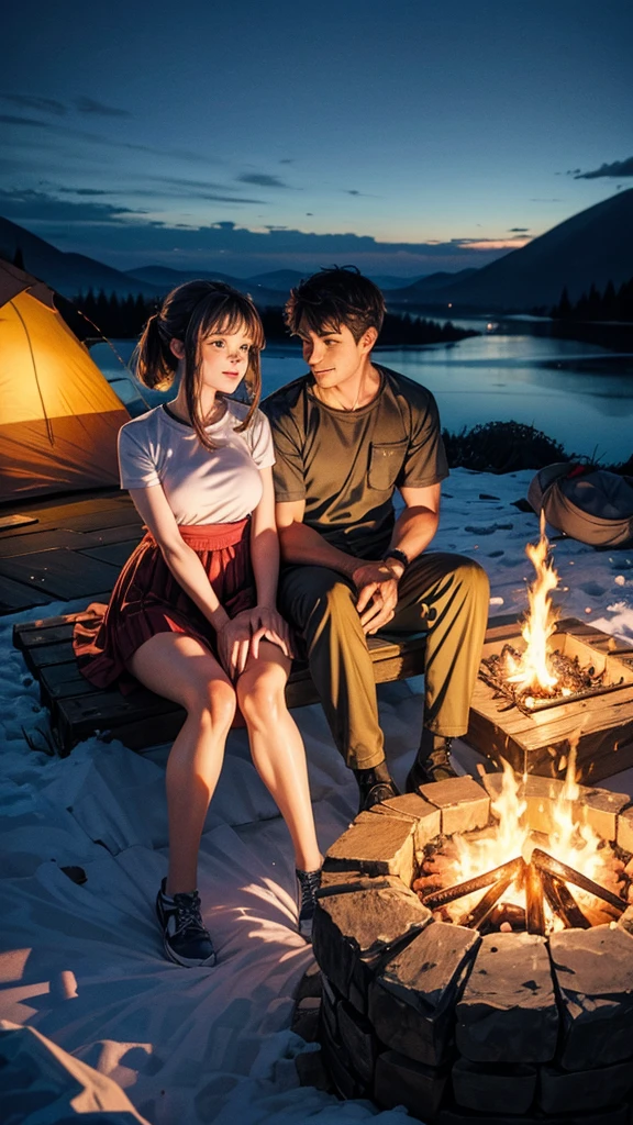 A couple is camping on top of the mountain. The couple is wearing short clothes and the girl has big hips. It is evening and the fire is burning.