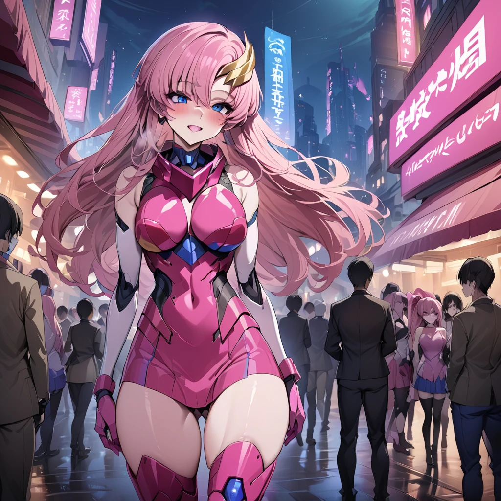 ((Highest quality)), ((masterpiece)), (detailed), (Perfect Face)、The cyborg woman whose body is a machine is Lacus Clyne, a beautiful female warrior with blue eyes, semi-long pink hair, and a cyborg body that is mechanized except for her head.、There is a female cyborg in the city of the near future at night.