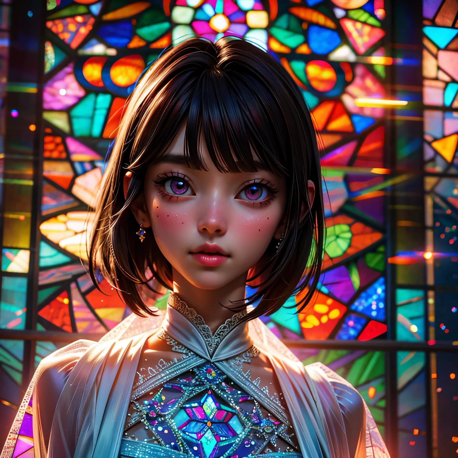 SFW, concept art, Tiny junior idol, (Detailed Delicate lace knitted white clothes), (nipple:-0.9), face closeup, (Elaborate stained glass Background:1.37), (((Renbutsu Misako), colorful Light shines through delicate stained glass:1.2, vivid red colors, Luminous Particles, light Particles))(Acutance:0.8). (ProfessionalPhoto:1.2),(ultra-detailed:1.37), (Extremely detailed KAWAII face variations, innocent expression variations), rosy cheeks, intricate detailed eyes with sparkling highlights, long eyelashes with volume, subtle blush on the face. Mystic sight, haze, Impeccable Radiant PearlSkin with Transparency, captivating gaze, ((Dynamic-angle)), whole Body proportions and all limbs are anatomically accurate . (Exposed:0.44)