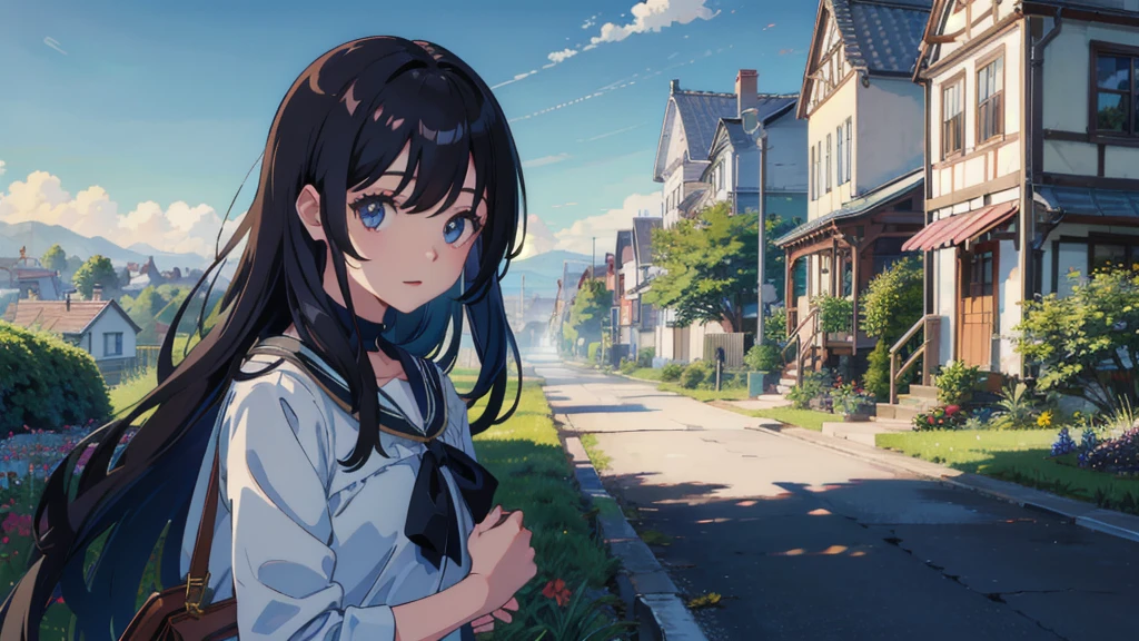 masterpiece,Highest quality,One Girl,The hair color is brown, Eye color: black, Kind eyes，Gradient Hair,countryside,Cityscape,sunlight,Flowers and plants,blue sky,scenery,afternoon,Light Perception,Soft sunlight,