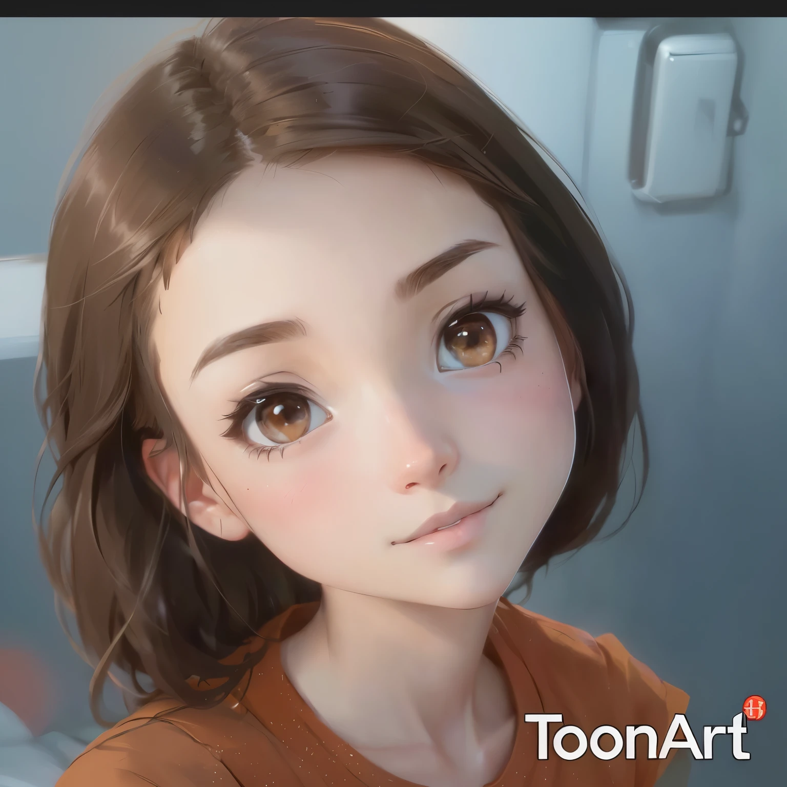 Close-up of a cartoon girl wearing a brown shirt and brown hair, with black eyes, from Shitao, Makoto Shinkai style, studio ghibli sunlight cartoon rendering, digital painting cartoon, Digital Cartoon Painting, cartoon character, digital art cartoon, Character close up, cute cartoon character, cartoon key frame rendering, realistic picture of a cute 11 year old girl, cartoon art, cartoon digital art, cartoon shader, portrait of a cute woman with a beautiful face