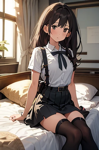 masterpiece、Flat Color、Depth of written boundary、Lens Flare 1 Girl、、Brown Hair、Staring at the audience Black suspenders bulging big breasts wall: Black mini skirt garter sight Small face Bans holster Belt Weapon Beautiful woman Detained Show your hand Lying in bed Leg holster lying on the bed