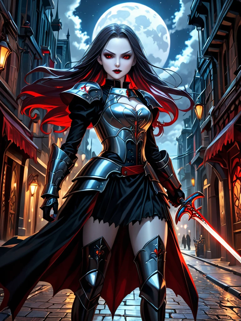 Arafed, dark fantasy art, gothic art, a picturק of a vampire ready for battle, female vampire, armed with a sword, wearing heavy armor , armed with a sword, shining sword, ultra detailed face (intricate detailed, Masterpiece, best quality: 1.4), pale skin, glowing eyes, red eyes, ultra feminine, pale skin, dynamic hair, dark fantasy urban street (intricate detailed, Masterpiece, best quality: 1.4), moon light, star light, clouds, armored_dress