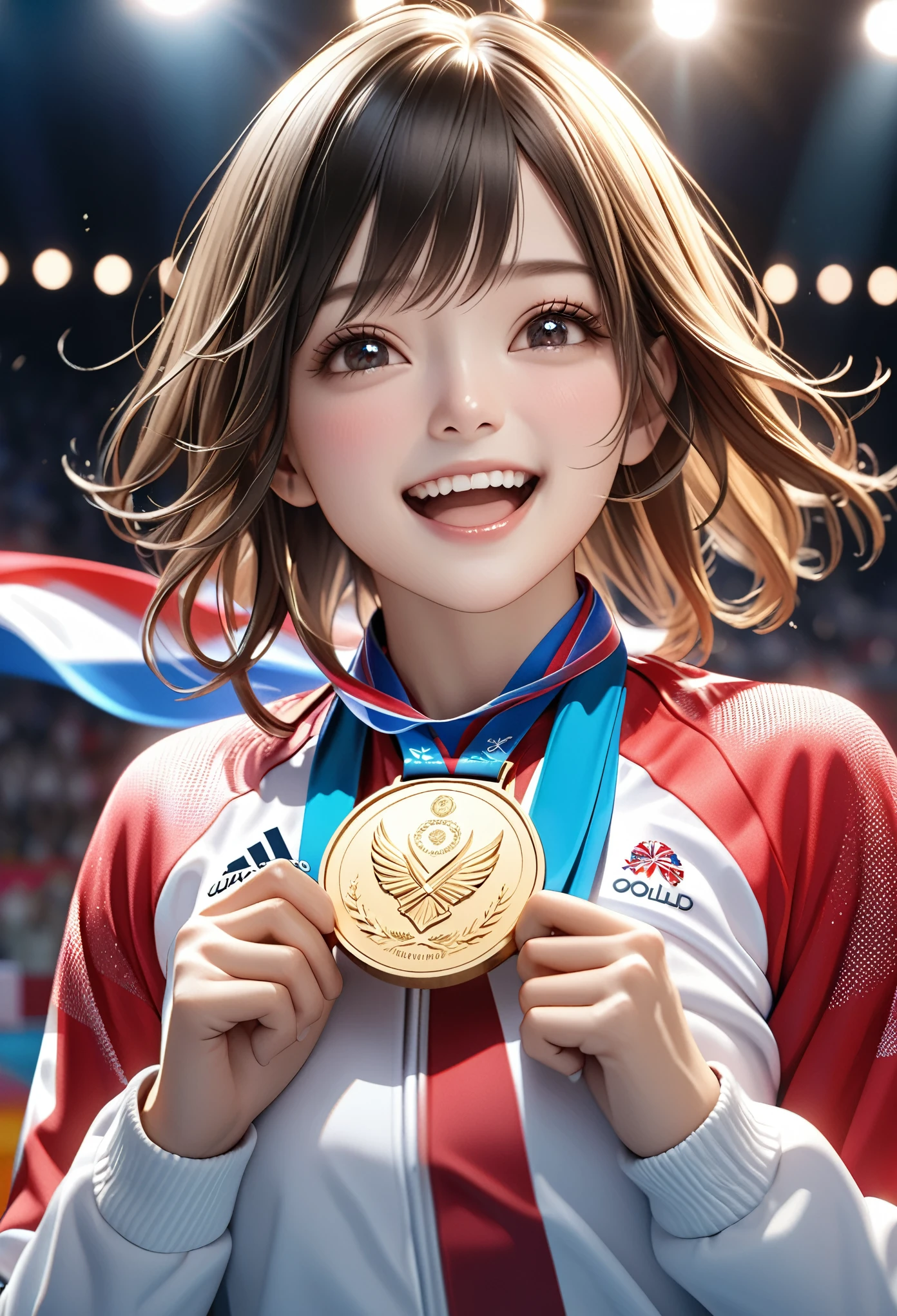 a woman being awarded a gold medal at the paris olympics, highly detailed realistic 3d cg rendering of the award ceremony, close-up of an athlete receiving the medal, their face expressing joy and pride, dramatic studio lighting, intricate details of the medal and athlete's uniform, vibrant colors, photorealistic, masterpiece quality, (best quality, 8k, highres, masterpiece:1.2), ultra-detailed, realistic, photo-realistic:1.37, dramatic lighting, emotional expression, dynamic pose, gold medal, olympic medal ceremony, athlete, sport, competition, triumph, celebration