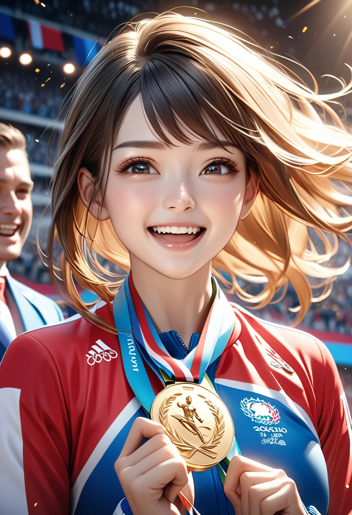 a woman being awarded a gold medal at the paris olympics, highly detailed realistic 3d cg rendering of the award ceremony, close-up of an athlete receiving the medal, their face expressing joy and pride, dramatic studio lighting, intricate details of the medal and athlete's uniform, vibrant colors, photorealistic, masterpiece quality, (best quality, 8k, highres, masterpiece:1.2), ultra-detailed, realistic, photo-realistic:1.37, dramatic lighting, emotional expression, dynamic pose, gold medal, olympic medal ceremony, athlete, sport, competition, triumph, celebration
