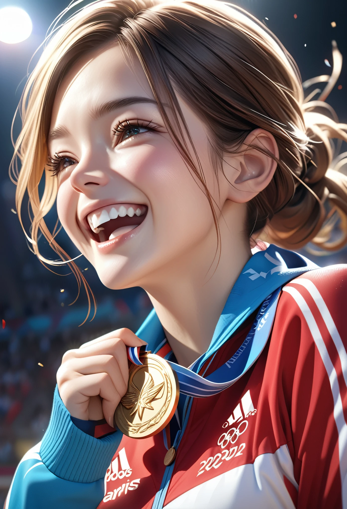 a woman being awarded a gold medal at the paris olympics, highly detailed realistic 3d cg rendering of the award ceremony, close-up of an athlete receiving the medal, their face expressing joy and pride, dramatic studio lighting, intricate details of the medal and athlete's uniform, vibrant colors, photorealistic, masterpiece quality, (best quality, 8k, highres, masterpiece:1.2), ultra-detailed, realistic, photo-realistic:1.37, dramatic lighting, emotional expression, dynamic pose, gold medal, olympic medal ceremony, athlete, sport, competition, triumph, celebration