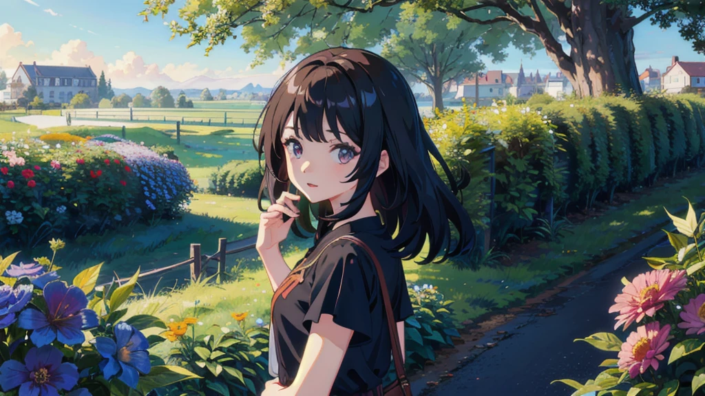 masterpiece,Highest quality,One Girl,The hair color is brown, Eye color: black, Kind eyes,Gradient Hair,countryside,Cityscape,sunlight,Flowers and plants,blue sky,scenery,afternoon,Light Perception,Soft sunlight,