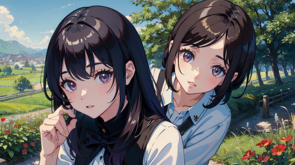 masterpiece,Highest quality,One Girl,The hair color is brown, Eye color: black, Kind eyes，Gradient Hair,countryside,Cityscape,sunlight,Flowers and plants,blue sky,scenery,afternoon,Light Perception,Soft sunlight,